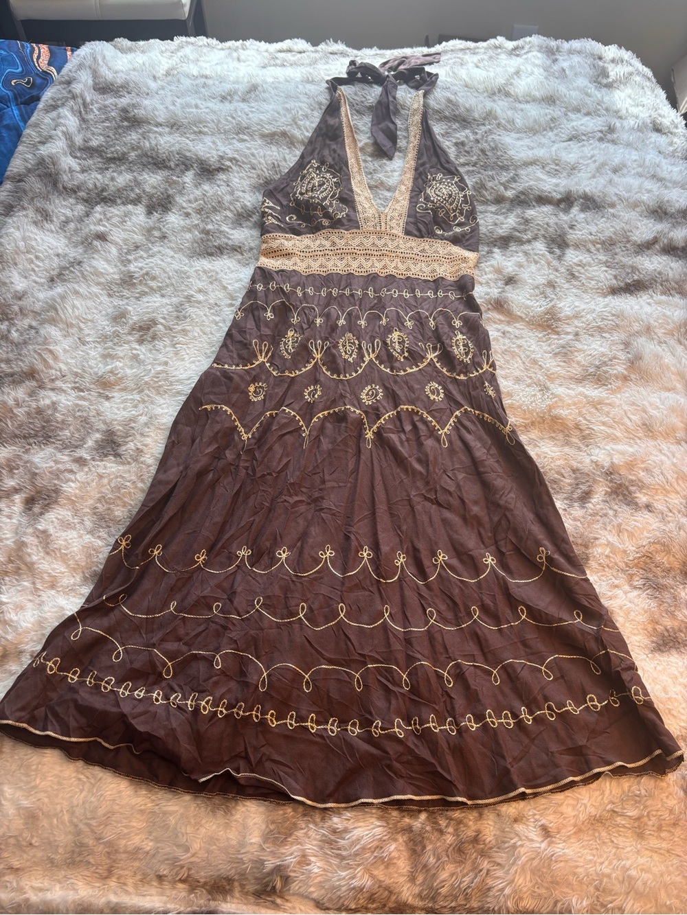 Venus Boho Brown Halter Maxi Dress with brown Embroidery
